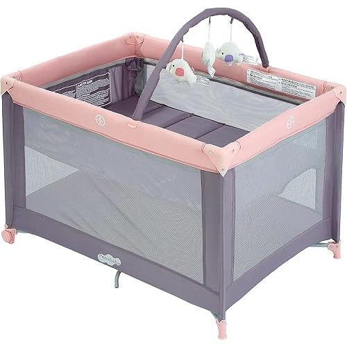 Pamo Babe Portable Playard with Mat Pad and Toy Bar Pink Play Yard for Baby