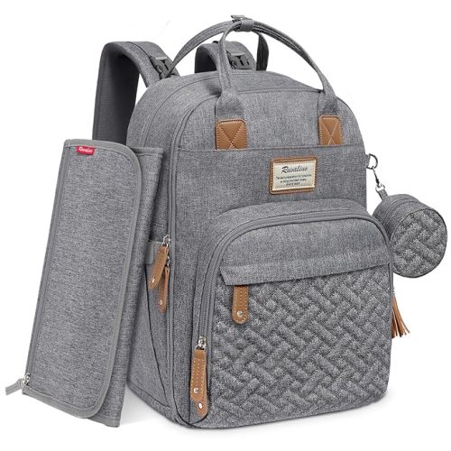 RUVALINO Diaper Bag Backpack, Multifunction Travel Pack Maternity Baby Changing Bags, Large Capacity, Waterproof, Gray