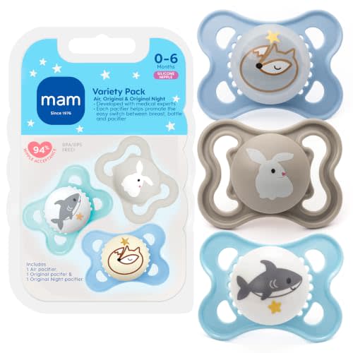 MAM Pacifier 0-6 Months Variety Pack, BPA-Free, Silicone Nipple, 3 Pack | 1 Original, 1 Original Glow In The Dark, 1 Air, Developed with Medical Experts, Made in Europe