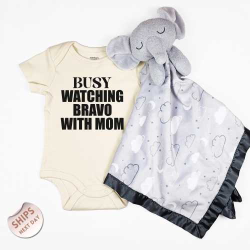 Busy Watching Bravo with Mom Baby Onesie®and blanket, Funny Infant Outfits, Baby shower gift, 2001256