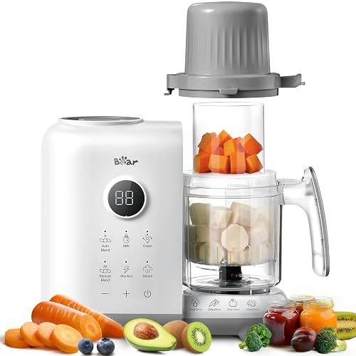 Bear Baby Food Maker with Two Layer Steam Baskets, Multifunction Baby Food Processor Steamer Puree Blender, Baby Food Mill with Bottle Warming Sterili-zing Auto Cleaning Function, BPA-Free, White
