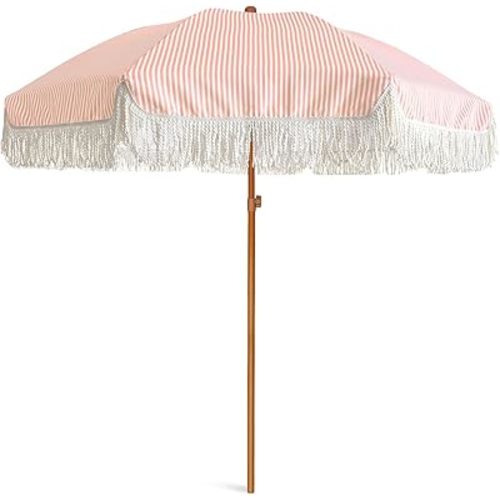 AMMSUN 7ft Patio Umbrella with Fringe Outdoor Tassel Umbrella UPF50+ Premium Steel Pole and Ribs Push Button Tilt, Pink Stripe