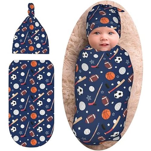 Cute Ball Print Swaddle Blanket with Beanie Set, Baseball Football Baby Stuff Blankets Newborn Sleeping Sacks for Girls Boys