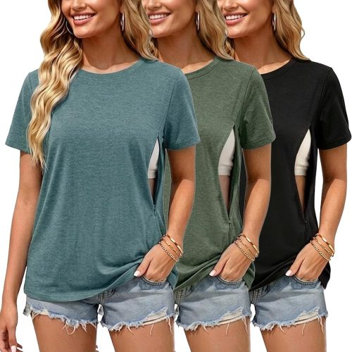 Ecavus 3 Pack Nursing Shirts for Breastfeeding, Hidden Zippers Nursing Tops