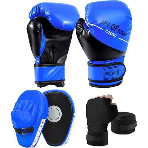 3-in-1 Boxing Gloves and Punching Mitts Set for Kids, Boxing Mitts Focus Pads with Hand Wraps, Kids Boxing Equipment Set for MMA, Karate, Muay Thai, Taekwondo