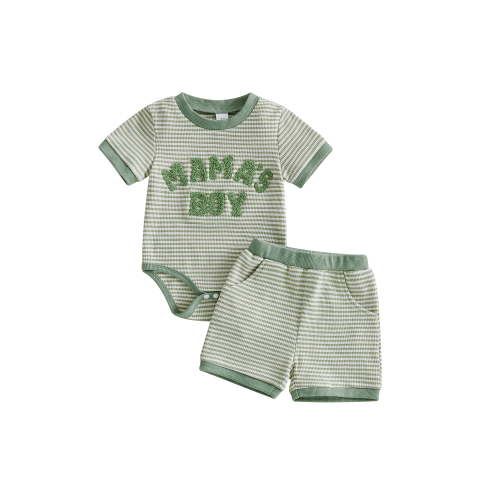 BemeyourBBs Newborn Baby Boy Mama's Boy Outfits Boys Summer Clothes Waffle Knit Striped Letter Embroidery Short Sleeve Romper T-Shirt and Shorts Set