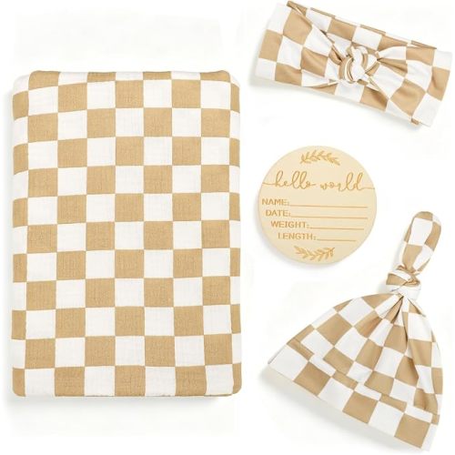TANOFAR Muslin Swaddle Blankets for Girls Boys 4 Pack, Ultra Breathable Receiving Blankets Large 47 x 47 inches with Matching Headband and Beanie Set Baby Nursery Swaddle Wrap, Khaki Checkerboard