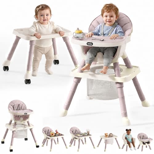 9-in-1 Convertible Baby High Chair for 6 Months to 8 Years, Grow-with-Me Highchair for Toddlers and Infants with 5-Point Safety Harness, Lockable Wheels, Adjustable Removable Tray, BPA-Free (Pink)