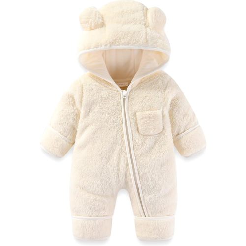 Newborn Baby Bear Outfit With Fold-Over Mittens and Footies Girls Boys Winter Fleece Clothes Hooded Romper Snowsuit