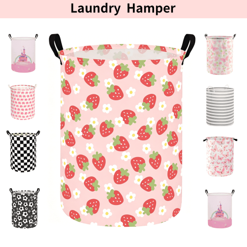 NOTIVIBE Collapsible Laundry Hamper Basket, Waterproof Fabric Storage Basket Gift Bag with Handles, Large Capacity Clothes Organizer for Bedroom, Nursery, Bathroom, Kids Room,Pink Strawberry