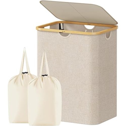 Lifewit 120L Large Laundry Basket with Lid, 2 Removable Bags, Beige