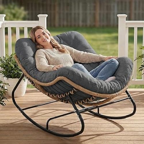Papasan Rocking Chair Outdoor, Oversized Patio Egg Chair with Thick Cushion, Indoor Wicker Lounge Rocker Bed for Balcony, Porch, Garden, Dark Gray