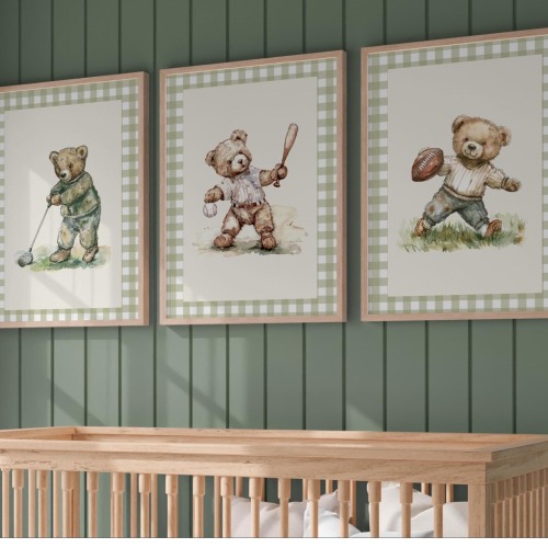 Sport nursery set, Boy nursery wall art sport, Vintage boy nursery, Teddy Bear Golf Print Nursery, Gingham,Green,baseball nursery decoration