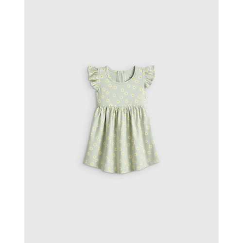 Organic Cotton Sleeveless Ruffle Dress  in Aqua Daisy