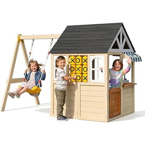 Cedar Wooden Playhouse with Swing Set for Kids, 2-in-1 Outdoor Backyard Playset with Tic-Tac-Toe Game, Play Kitchen, Pet Door & Doorbell, Space-Saving Kids Playhouse for Ages 3-8