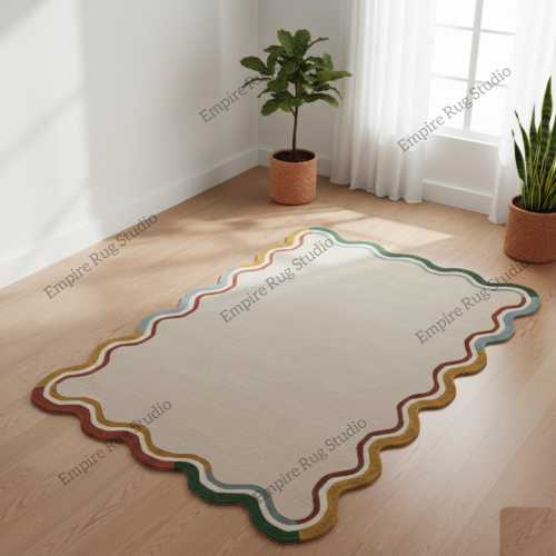 Hand Tufted Wool Rug Modern Solid Tufted Modern Wavy Border Tufted Irregular Rug Handmade Area Rug for Living Room Bedroom