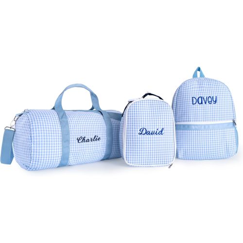 MT WORLD Daycare Backpacks Set Personalized Blue Checkered Backpacks with Lunch Box and Travel Duffel Bag,Custom Daypack with Lunch Bag and Overnight Duffle,Weekender Bag Set with Name