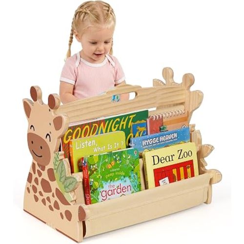 Kids Bookshelf, 4-Tier Wooden Baby Book Shelf with Handle for Kids Rooms