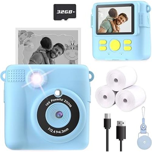 Kids Camera Instant Print, Christmas Birthday Gifts for Kids Age 3-12, Selfie Digital Camera with 1080P Videos,Toddler Portable Travel Toy for 4 5 6 7 8 9 Year Old Boys Girls-Blue
