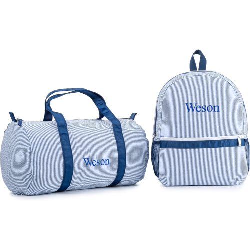 MT WORLD Daycare Backpacks and Travel Duffel Bags Set,Personalized Seersucker Backpacks Overnight Bags,Travel Daypack with Weekender Bag,Overnight Daycare Bag