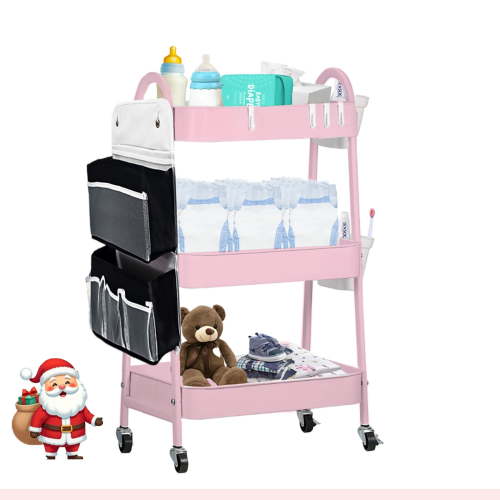 Baby Diaper Caddy Organizer Cart Metal rolling cart,3 Tier Rolling Storage Cart with Wheels,Baby Essentials for Diapers and Baby Wipes Newborn Essentials Storage Cart (Pink)