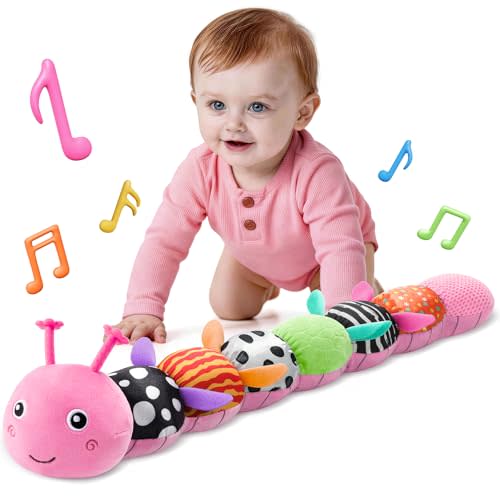 HEMRLY Baby Gifts Toys, Sensory Toy 0-6 Months, Musical Stuffed Caterpillar Plush with Soft Teether, Rattle for Tummy Time, Infant Car Seat Toy for 0-3-6-12 Month Boys Girls Gifts - Spotted Pink