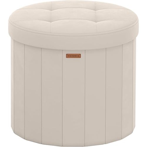 SONGMICS Mazie Collection - Round Storage Ottoman, Folding Footrest Stool with Removable Lid, Easy Assembly, Velvet Vanity Stool for Bedroom, Living Room, Entryway, Cappuccino Beige ULSF608L01