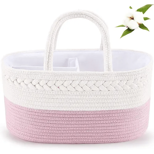 ABenkle Diaper Caddy Organizer - Cotton Rope Nursery Storage Basket for Baby Essentials, Boys & Girls Shower Gift, Changing Table Organizer, Pink
