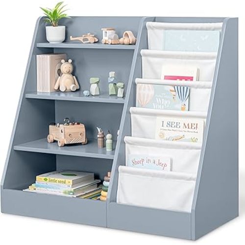 Comfy Cubs Kids Bookshelf 35.2 x 15.7 x 31.5 Inches - Sturdy Plywood Montessori Book Shelf with Soft & Hard Shelves for Toys & Books - Child-Friendly, Easy Access Storage Organizer for Kids - Blue