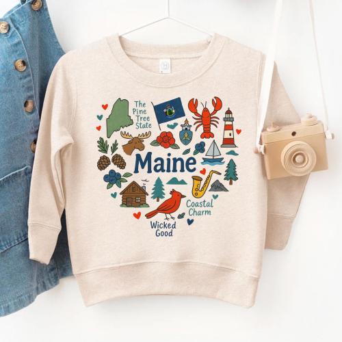 Maine Kids Sweatshirt: USA States National Park Travel Gift - Toddler Sweater with State Symbols Baby Bodysuit for Family Vacation