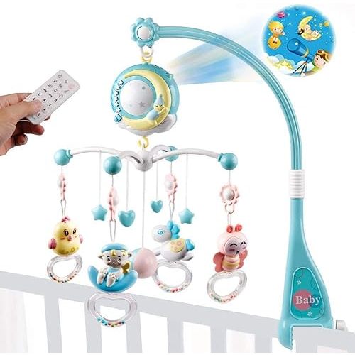 Baby Musical Crib Mobile with Timing Function Projector Lights,Stand-Along Rattles and 150 Melodies Music Box with Remote Control for Newborn 0-24 Months