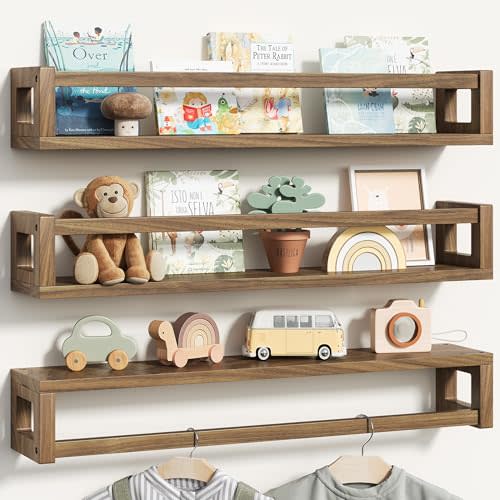 Upgraded Thick Floating Shelves - 24 Inch Multi-Use Wall-Mounted Bookshelves for Kids and Nursery, Ideal for Books, Toy, Spice Rack, Decor - Walnut Brown