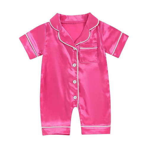 larppty Baby Girl Boy Summer Button Down Silk Satin Pajamas Romper One-Piece Jumpsuit Short Sleeve Nightgown Pjs Sleepwear（Pink， 3-6 Months）