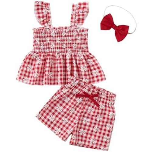Mioglrie Toddler Baby Girl Summer Clothes Infant Spring Outfits Ruffle Sleeveless Shirt Baby Shorts Headband Clothing Set
