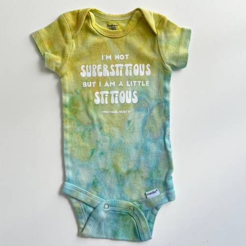 Tie Dye The Office Baby Onesie ‘I’m Not Superstitious, I Am a Little Stitious’ • The Office Quotes •  Baby Shower Gift • 0-3 months