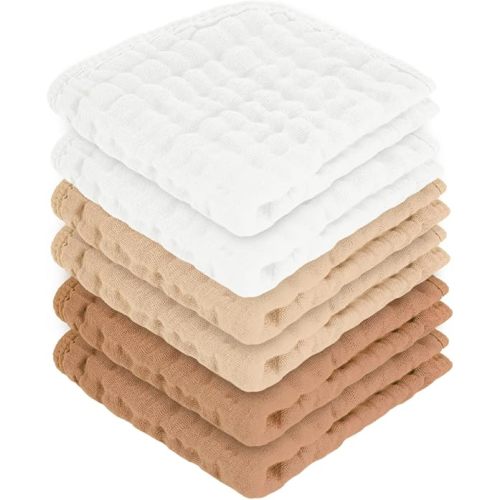 Baby Washcloths 100% Cotton Size is 12x12 inches. Lightweight, Portable, and Ideal for use at Home or on The go.(White & Coffee 6 Pieces)