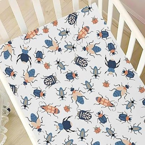 VIGTRO Cute Baby Crib Sheets for Boys Girls, Bugs Insects Pattern Breathable Soft Fitted Crib Playard Sheets Baby Mattress Sheet, S 39x27x5in