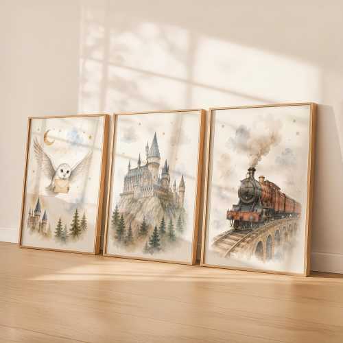 Neutral Wizard Nursery Print Set of 3, Magical Owl Castle Train Poster, Wizard Room Decor, Fantasy Magic Wall Art, Digital Download