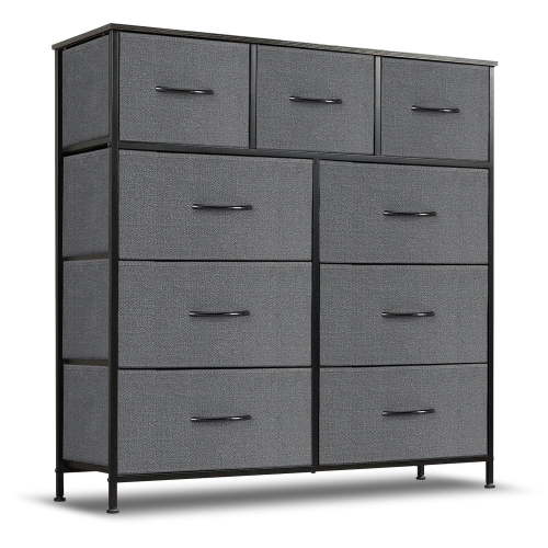 BIGLEAP 9 Drawer Fabric Dresser, Wide Storage Tower with Wood Top, Grey for Bedroom, Living Room