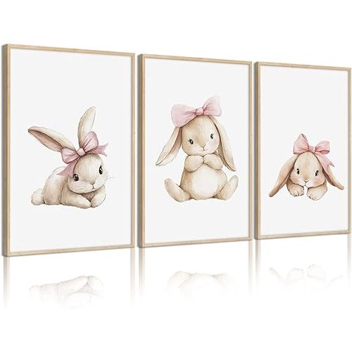 Lhoiplme Nursery Bunny Wall Art Decor Easter Bunny Prints Baby Girl Room Canvas Wall Art Decor Pink Baby Girl Nursery Painting Woodland Rabbit Spring Artwork Poster for Bedroom 8x10x3 Inch Unframed
