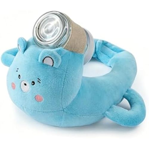 Plush Bottle Holder Pillow, Hands-Free Feeding Nursing Assistant, Soft Animal Cover Protector, Ergonomic Bottle Support Cushion, Machine Washable (Blue-Bear)