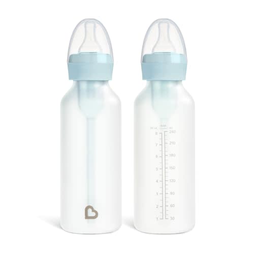 Munchkin Bond Silicone Coated Glass Baby Bottles - Anti-Colic Feeding System with Natural Feel Nipples, 8 Ounce, 2 Pack Blue