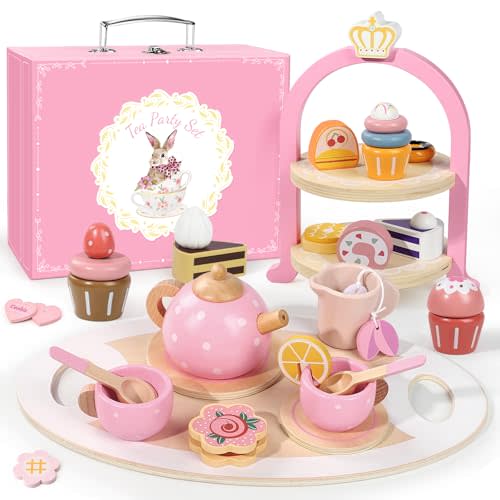 Wooden Tea Party Set for Little Girls, Toddler Girl Gifts Princess Tea Time Toys, Wooden Tea Set Tray Cake Dessert, Kids Kitchen Pretend Play, Birthday for Girls Age 2-5 Years Old