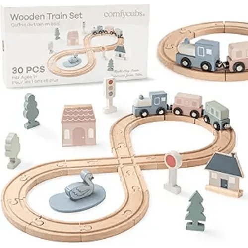 Comfy Cubs 30-Piece Wooden Train Set for Toddlers Ages 1+, Fun & Eco Friendly Toddler Train Set with Wooden Toy Tracks - Creative Toy Town Promoting Imaginative Play with Flexible Configuration