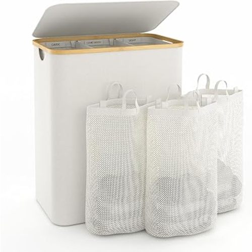 Hampers for Laundry Basket with Lid, 160L Extra Large Laundry Hamper 3 Section Dirty Clothes Hampers for Laundry Divided Laundry Basket Organizer for Bedroom,Laundry Room, Dirty Clothing Hamper, Beige