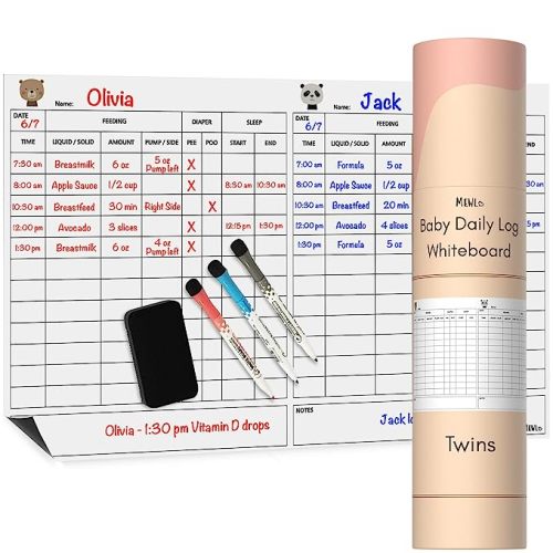 Mewl Twins Daily Log Whiteboard - Reusable Twin Baby Tracker to Log Feeding, Diapers & Sleep - Newborn Baby Journal & Schedule Chart for New Parents, Nanny, Babysitter - Pregnancy & New Mom Gift
