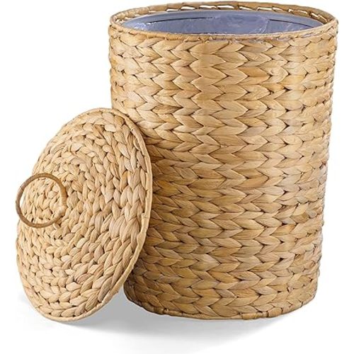 BLUEWEST 3 Gallons Wicker Trash Can with Lid and Removable Liner, Wicker Rattan Bathroom Trash Can, Large Woven Bin for Office, Hyacinth Waste Basket for Home Kitchen (Natural)