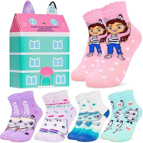 Gabby's Dollhouse 5 Pack Socks for Girls, Toddlers with Gift Box, Calf Length Character Socks, Gifts for Girls