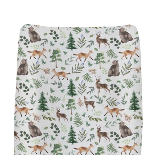 Whimsy Animals Green Pine Trees Changing Pad Covers for Baby Girls Boys Cute Animals Boho Leaves Fitted Changing Table Mats Bear Deer Wildlife Soft Diaper Change Table Sheets 32''×16''