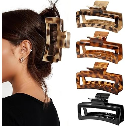 Auseibeely 4 Pack 5 Inch Extra Large Claw Clips for Thick Hair, Jumbo Tortoise Shell Claw Clip for Women Girls, Big Square Hair Clips for Thick/Long/Curly Hair, Non-slip Banana Jaw Accessories
